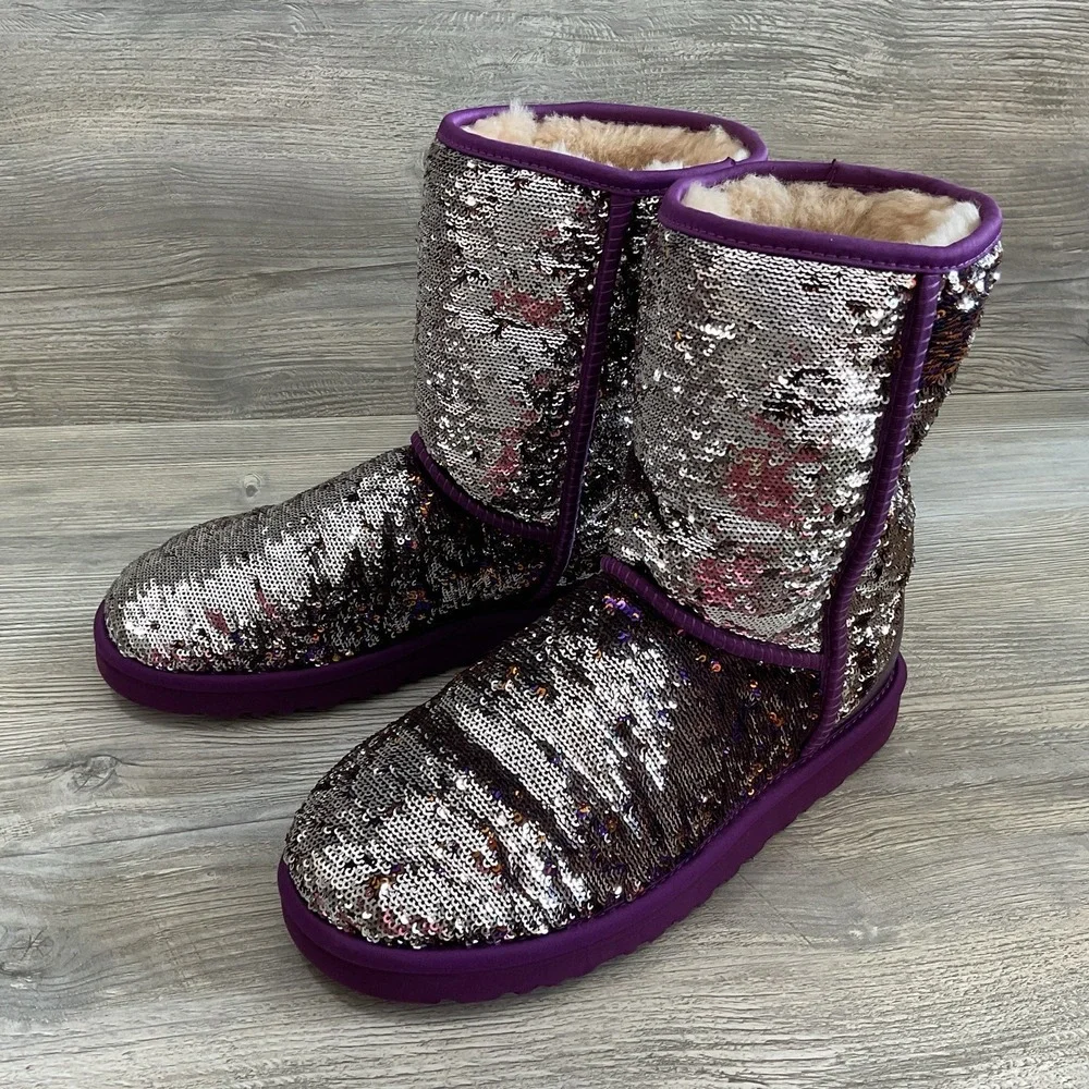 Ugg 1002978 Australia Womens 9 US Classic Short Sequin Boots Purple Silver RARE